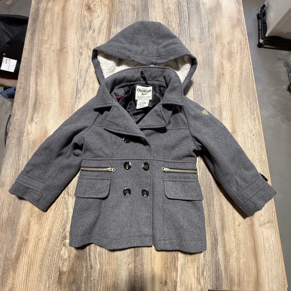 Preppy OshKosh B'gosh Pea Coat Gray Sherpa Hooded Jacket Cabincore Kids 4